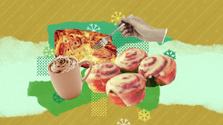A collage of breakfast foods (an egg casserole, a coffee with whipped cream, and a plate of cinnamon rolls