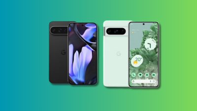 The Google Pixel 9 Pro XL and Google Pixel 8 Pro on a teal and green background.